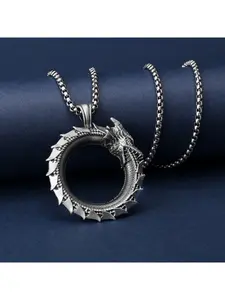 Vintage Ouroboros Dragon Ring Pendant, Antiqued Silver Box Chain Necklace with Heavy-Duty 3D Carved Scale & Spine Textures, Niche Nordic Dark-Style Neck Ornament