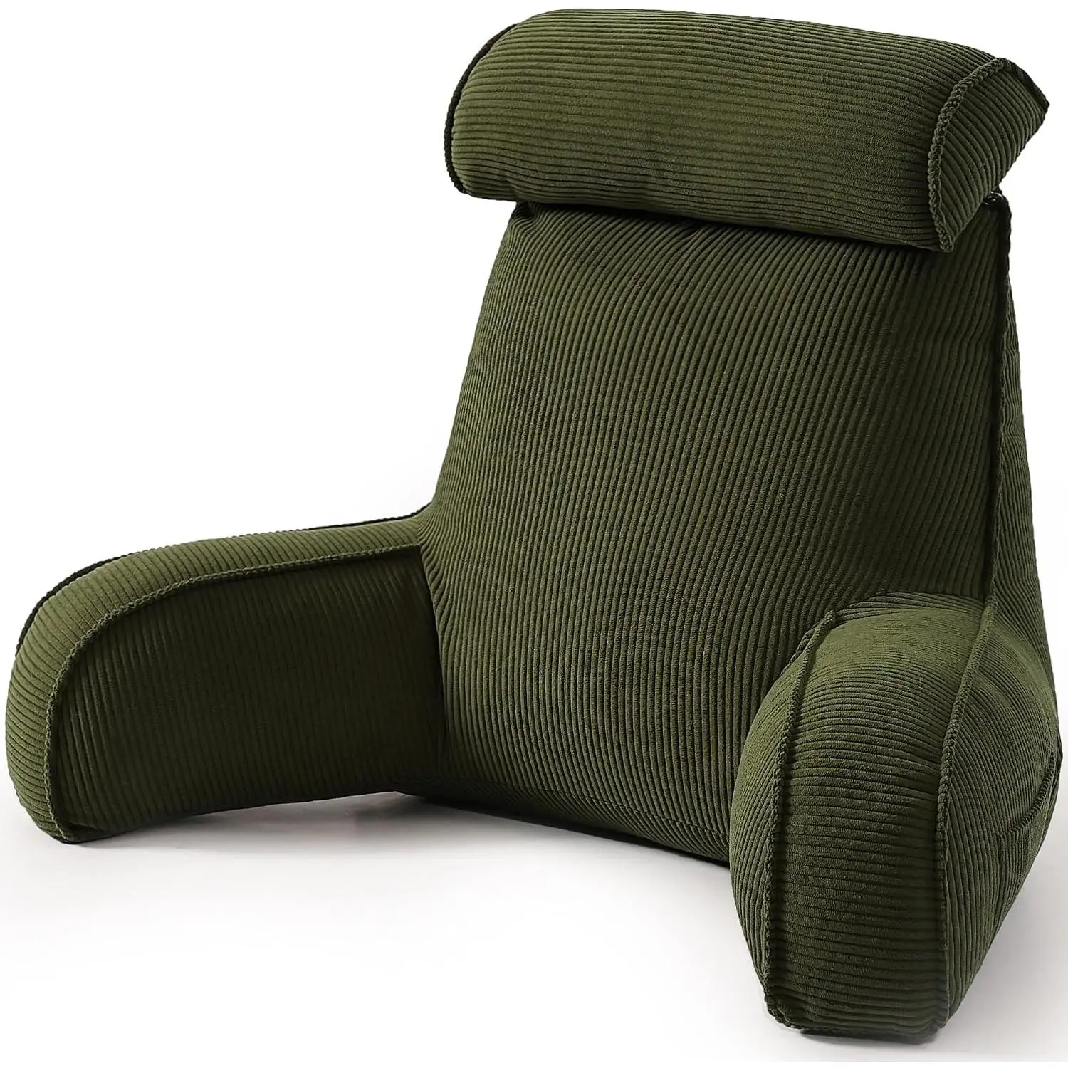 Corduroy Reading Pillow, Backrest Pillow for Sitting Up in Bed, Bed Rest Back Support Cushion for Daybed Sofa Couch, Lounge Pillow with Arms, Side Pockets & Washable Cover, Avocado Green