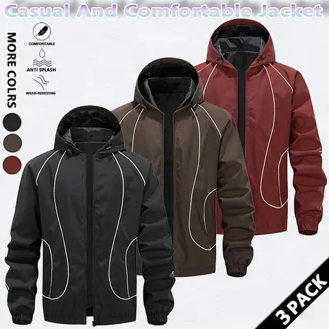 Men's Chic Woven Polyester Waterproof Windproof Front-Zip Hooded Jacket - Rain-Ready Mens Top Coat with Drawstring, Striped Print, Zipper Pockets, for Outdoor Activities, Gifts for Him - SpringStatements