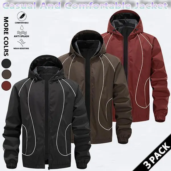 Men's Chic Woven Polyester Waterproof Windproof Front-Zip Hooded Jacket - Rain-Ready Mens Top Coat with Drawstring, Striped Print, Zipper Pockets, for Outdoor Activities, Gifts for Him - SpringStatements