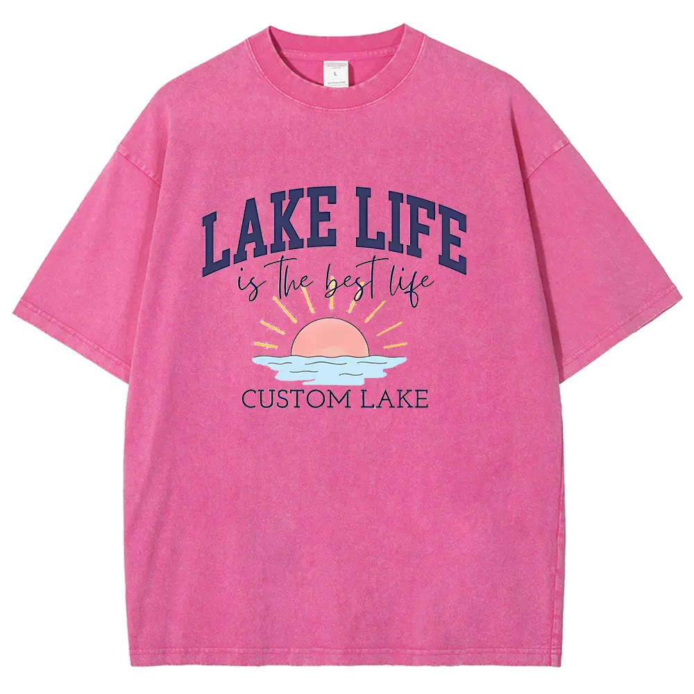Women's Vintage Acid Wash Oversized Cotton T-Shirt, Custom Lake Life Sunset Graphic Tee, Casual Summer Lake Vacation Short Sleeve Crewneck Top