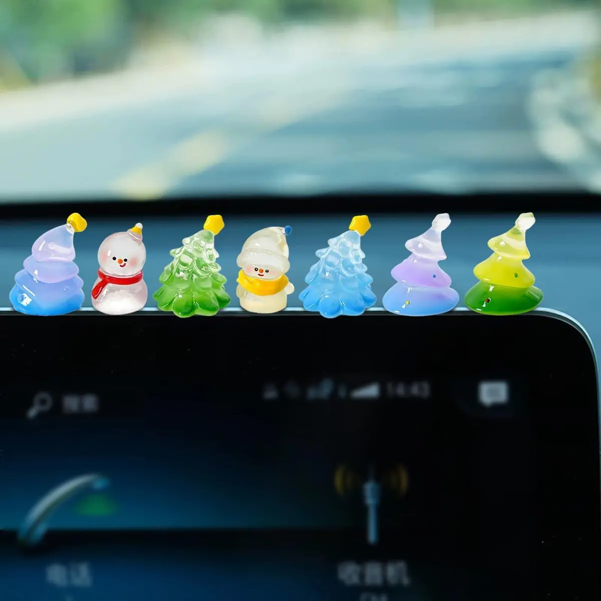 7-Piece Miniature Synthetic Christmas Car Interior Accessories Set - 1.5" Height, Cute Shapes, Double-Sided Tree/Snowman Ornaments for Rearview Mirror & Dashboard Decor