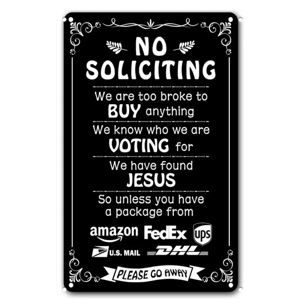 No Soliciting Amazon FedEx UPS Vintage Black Scroll Aluminum Metal Sign 8"×12", Funny Front Door Rustic Wall Plaque, Waterproof Outdoor Decor Gift for Suburban Home, Cabin & Farmhouse