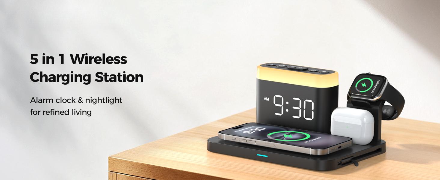 Wireless Charging Station,5 in 1 Multiple Charger Stand with Alarm Clock,7 Night Light,Mag-Safe Charging Dock for iPhone 17 16 15 14 13 12 Pro Max Plus,Apple Watch 11/10/9/8,for Airpods,Bedroom
