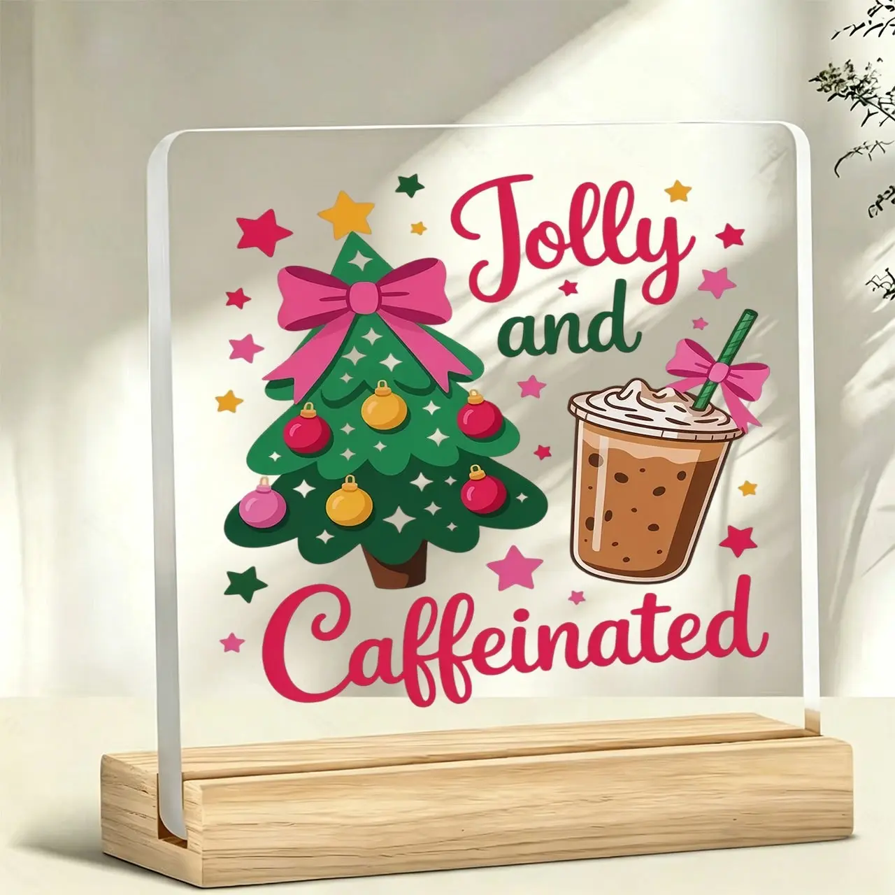 Fun Coffee Theme Christmas Acrylic Desk Ornament, Festive Holiday Desktop Rack Home Decor, Includes Wooden Base, Perfect for Seasonal Decoration