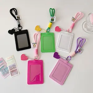Candy Color PU Card Holder With Heart Charm Lanyard Cute Student ID Badge Holder Kawaii Portable Name Tag Card Case For School Office Bus Card