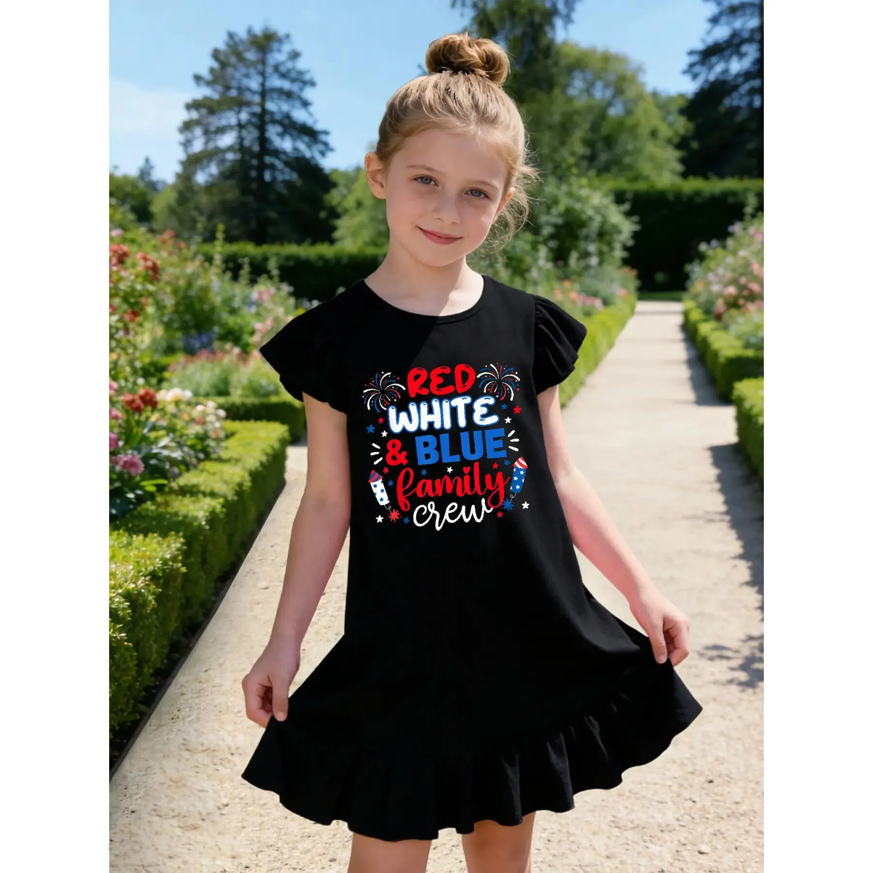 Red White Blue Family Crew 2026 4th July Matching Reunion Girls' Summer Flutter Sleeve Casual Dress - Soft, Durable, Easy-Care, Ideal for School & Outdoor Activities - Fast delivery from local warehouse