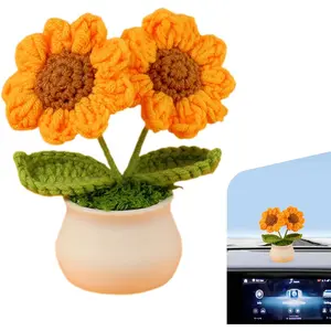 Car Crochet Sunflower Ornament, Cute Soft Lightweight Car Sunflower Dashboard Decor, Non-Slip Self-Adhesive Auto Interior Handmade Decoration for Women, Universal for Most Cars (Style B)