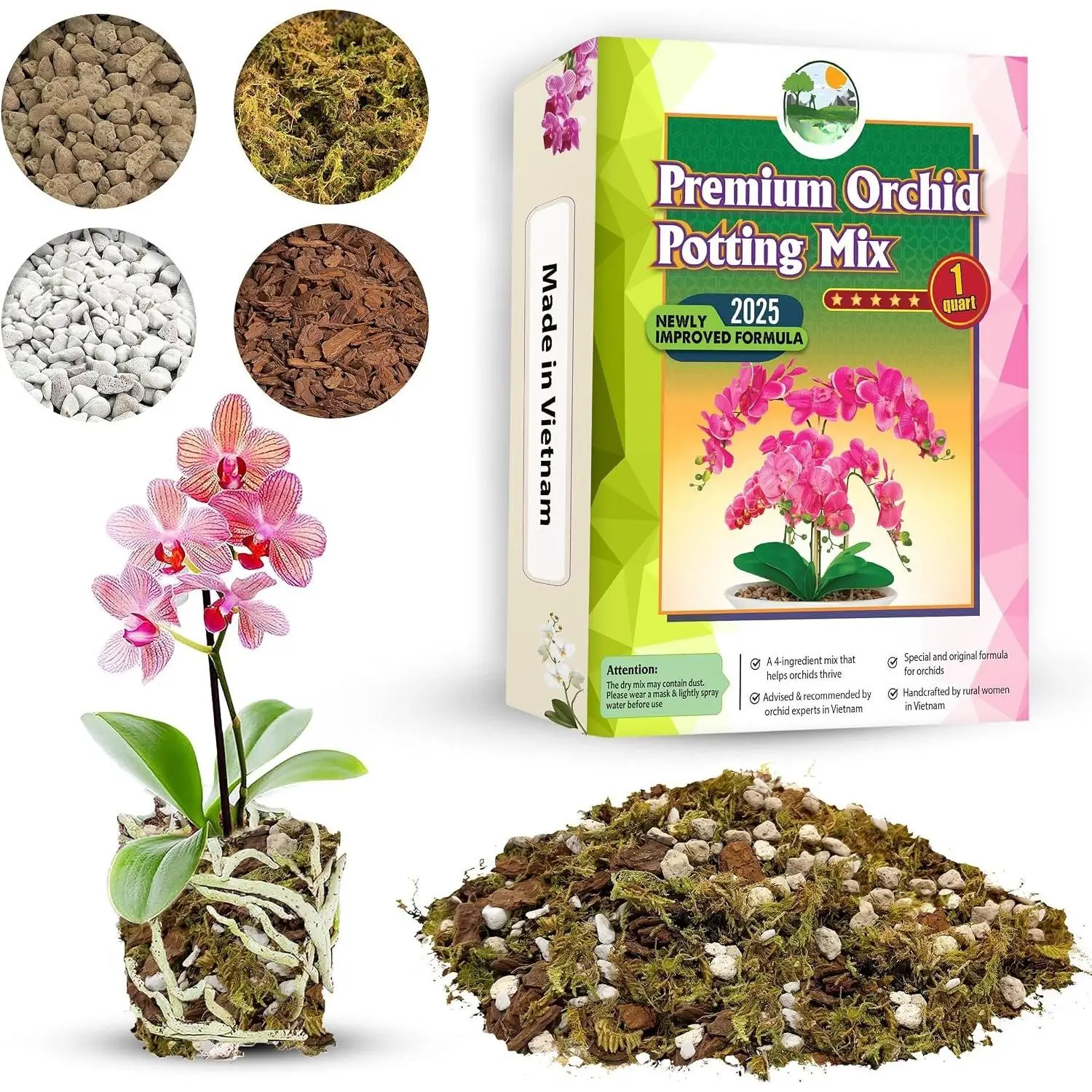 [Upgraded]  Orchid Potting Mix for Repotting with Forest Moss, Pine Bark, Perlite & Pumice, Orchid Bark Potting Mix, Orchid Repotting Soil, Drainage Indoor Potting, Orchid Pot Not Included,1 QRT