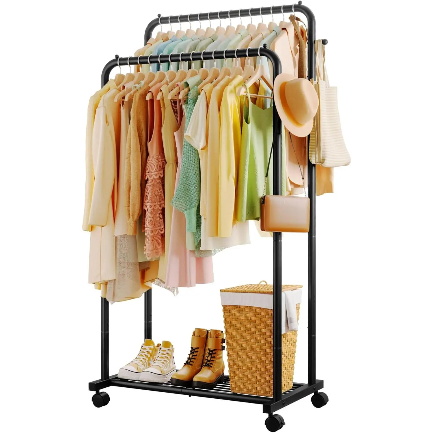 Clothes Rack - Double Rods Clothing Rack with Mesh Shelf, Hooks & Wheels, Metal Clothing Racks for Hanging Clothes & Bags, Multifunctional Garment Rack for Laundry, Black, 28.7" x 16.5" x 59.1"