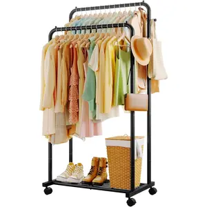 Clothes Rack - Double Rods Clothing Rack with Mesh Shelf, Hooks & Wheels, Metal Clothing Racks for Hanging Clothes & Bags, Multifunctional Garment Rack for Laundry, Black, 28.7" x 16.5" x 59.1"
