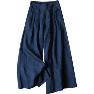 Women's Culottes Linen Blend Wide Leg Pants Elastic Waist Casual Palazzo Trousers with Pockets Capris
