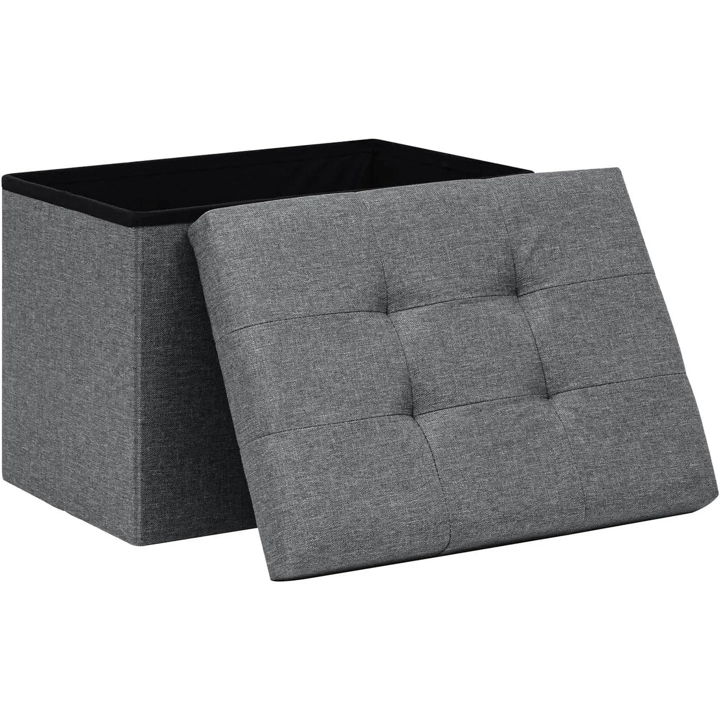 16.5 Inch Small Rectangular Storage Ottoman, Collapsible Footrest | Small Space Footstool with Storage, Padded Tufted Lid, Foldable, for Living Room, Bedroom and Dorm, Linen, Grey