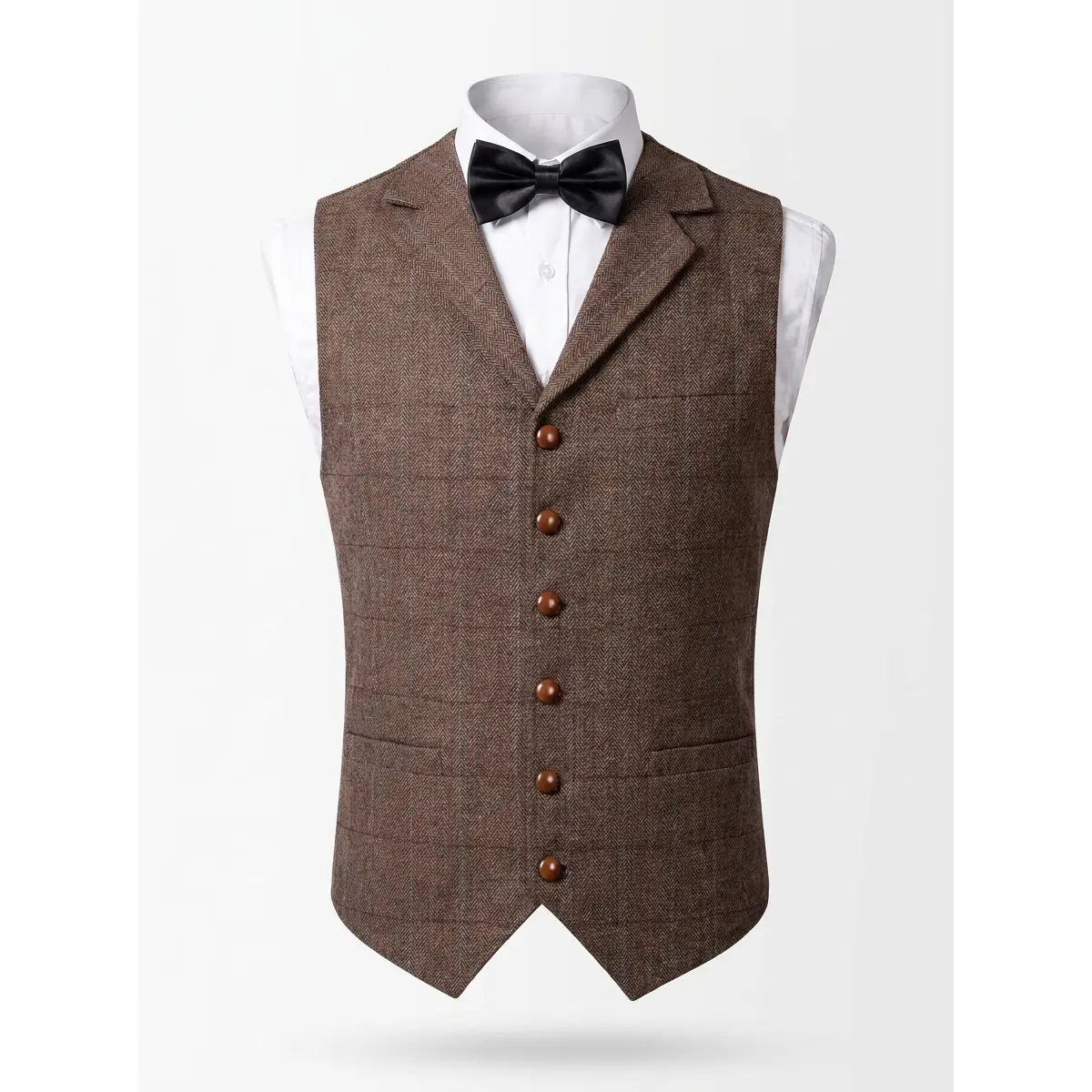 Men's Tweed Plaid Herringbone Lapel Waistcoat - Full-Lined, Multi-Pocket Layering Vest for Business, Party Menswear with Polished Look