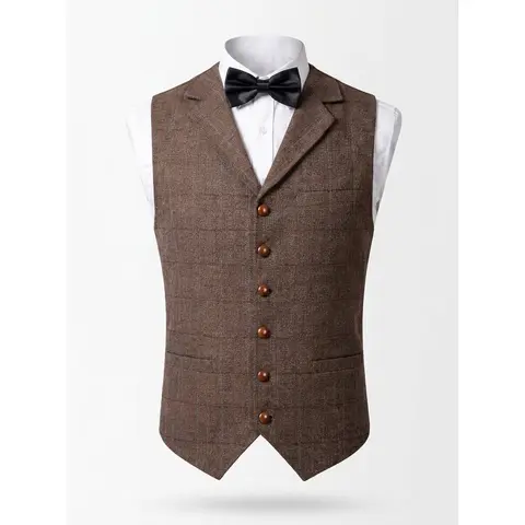 Men's Tweed Plaid Herringbone Lapel Waistcoat - Full-Lined, Multi-Pocket Layering Vest for Business, Party Menswear with Polished Look