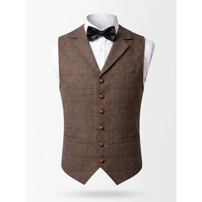 Men's Tweed Plaid Herringbone Lapel Waistcoat - Full-Lined, Multi-Pocket Layering Vest for Business, Party Menswear with Polished Look