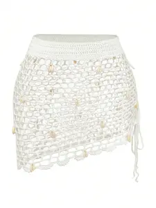 [Beach Essential] Cowrie Shell Embellished Crochet Cover Up Skirt - Fishnet Hollow Out Side Tie Mini Sarong for Swimwear