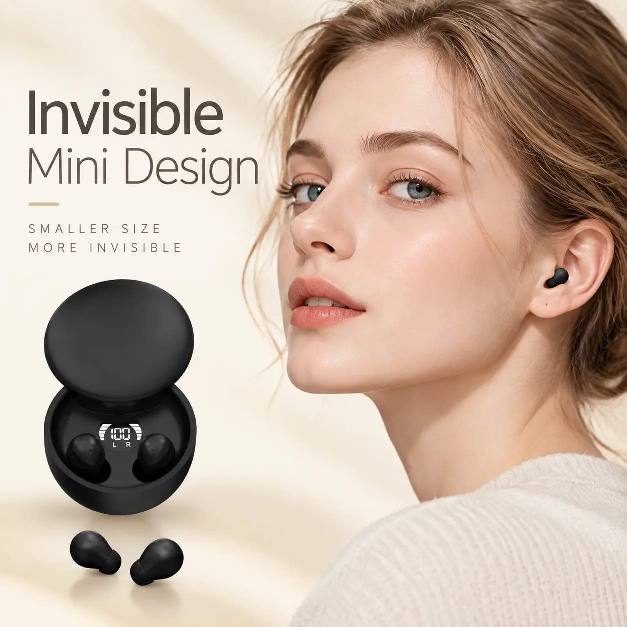 Mini Wireless Earbuds with Charging Case, Small Invisible In-Ear Headphones with Digital Battery Display, Lightweight Bluetooth Earbuds for Daily Use