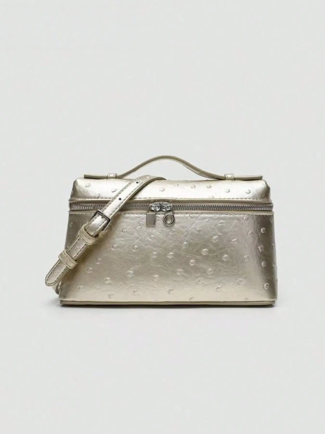 Metallic Champagne Ostrich Embossed Mini Box Shoulder Crossbody Bag for Women Textured Small Vanity Case Handbag Double Zipper Design Portable Top Handle Purse Adjustable Detachable Shoulder Strap Luxury Mini Makeup Bag for Party Date Daily Casual