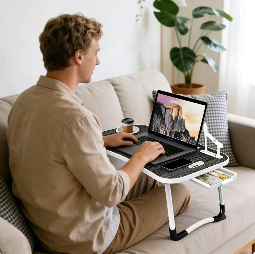 Foldable Breakfast Tray Lap Desk| 6-In-1 Multi-Function With USB Charging Fan Lamp| Cup Book Holder Drawer For Outdoor