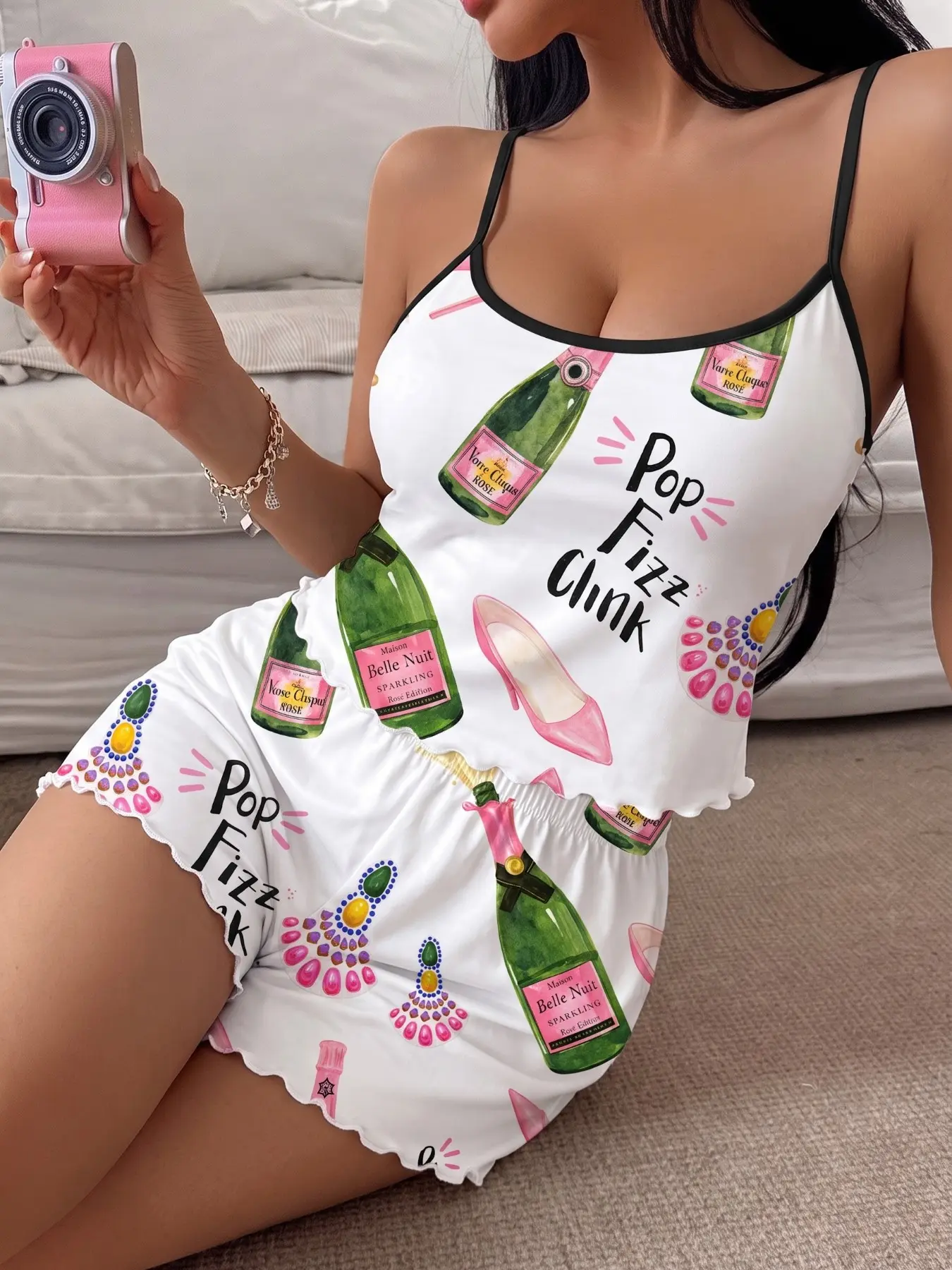 Women's Pajama Set, Sleeveless Top & Loose Shorts, Champagne Pendant Pattern, Casual Loose-Fitting, All Seasons, Home Wear