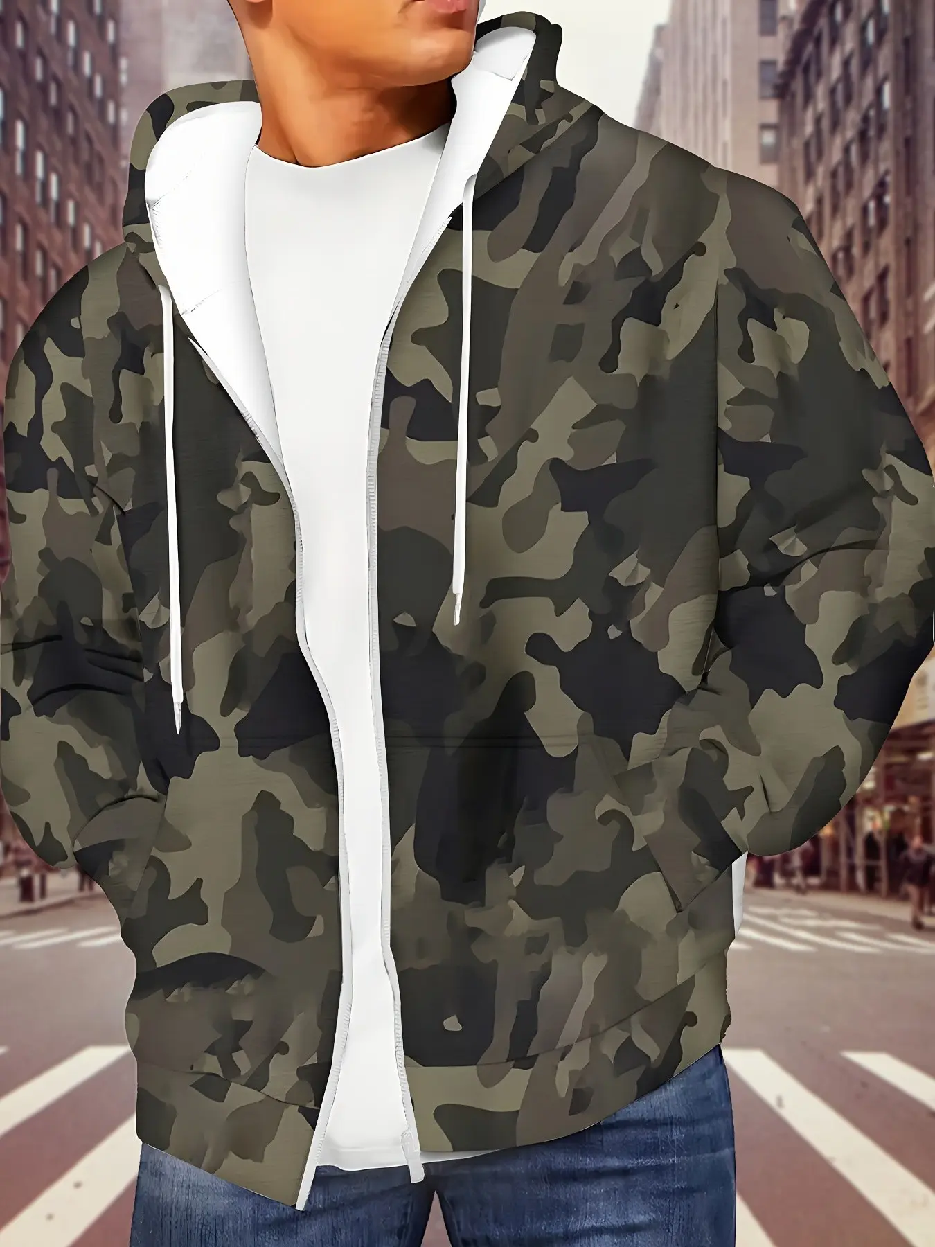 Vintage Military Camo Full Print Men's Zipper Hooded Sweatshirt, Outdoor Workwear Style, Casual Jacket for Hiking, Street, Commute, Sports