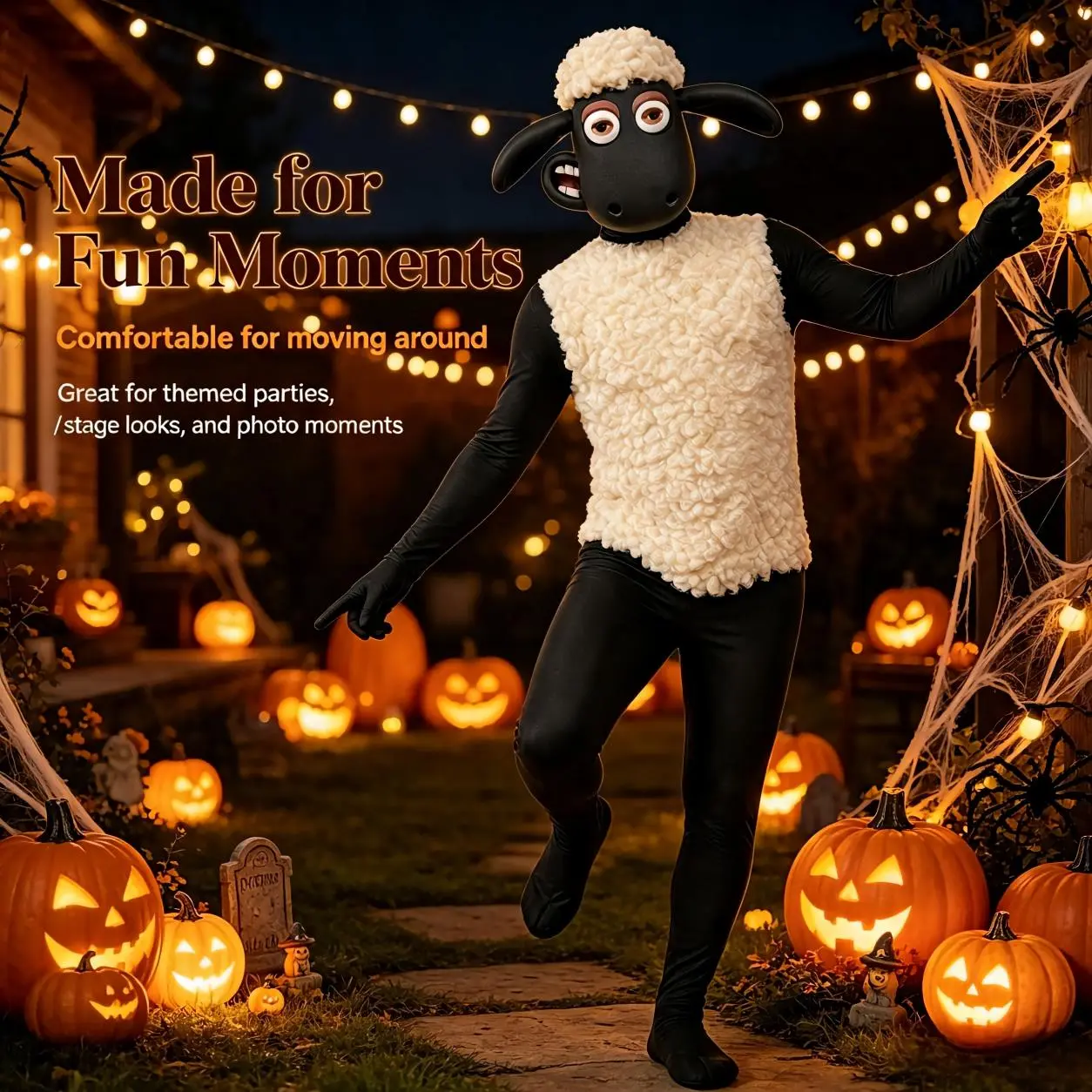 Adult Sheep Cosplay Costume Set, 3D Sheep Mask Fleece Vest Black Bodysuit Halloween Animal Fancy Dress Outfit