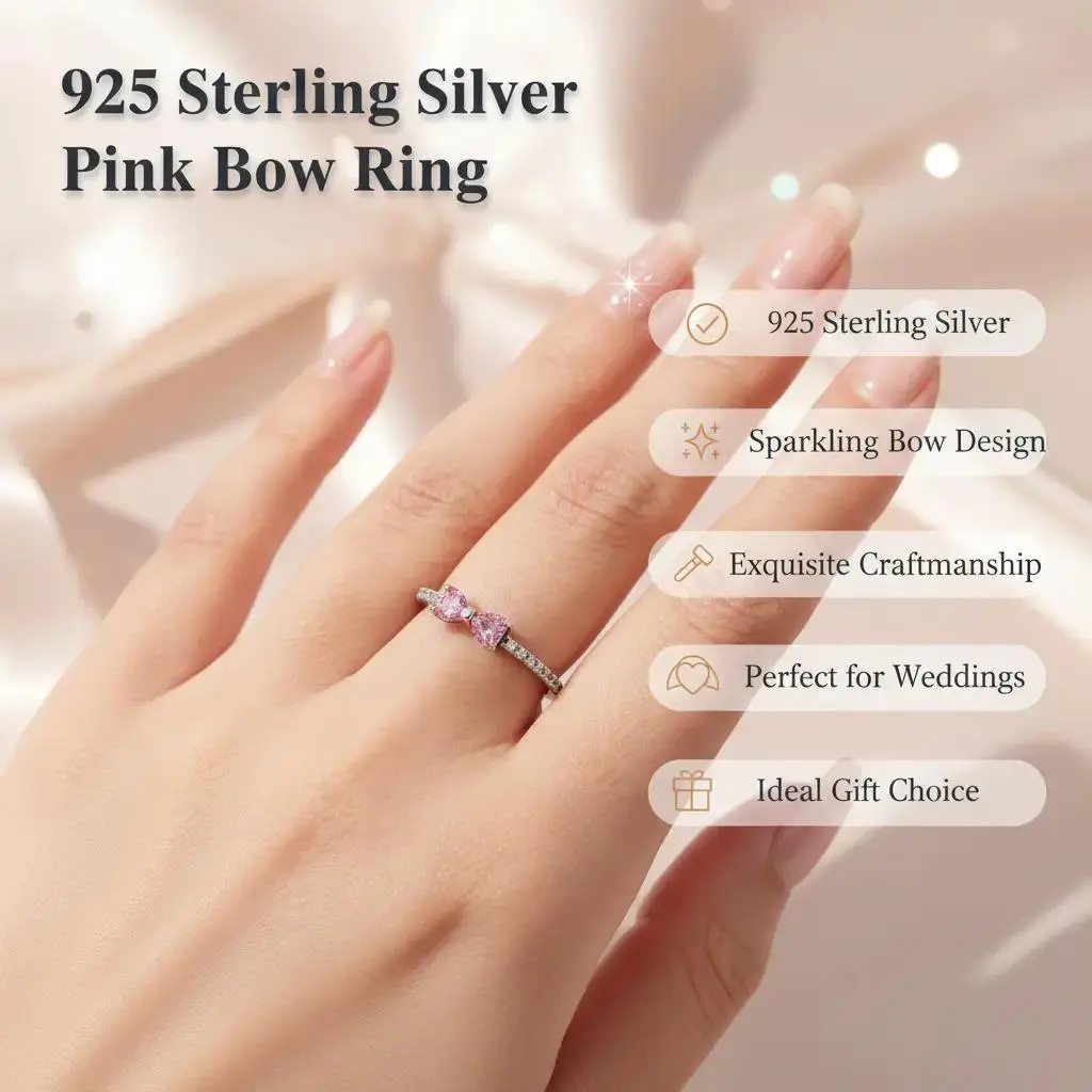 Exquisite Pink Bow Ring in 925 Sterling Silver for Female Adults, Sparkling Women's Fashion Jewelry with Exquisite Craftsmanship for Parties, Weddings, Birthday, Gift