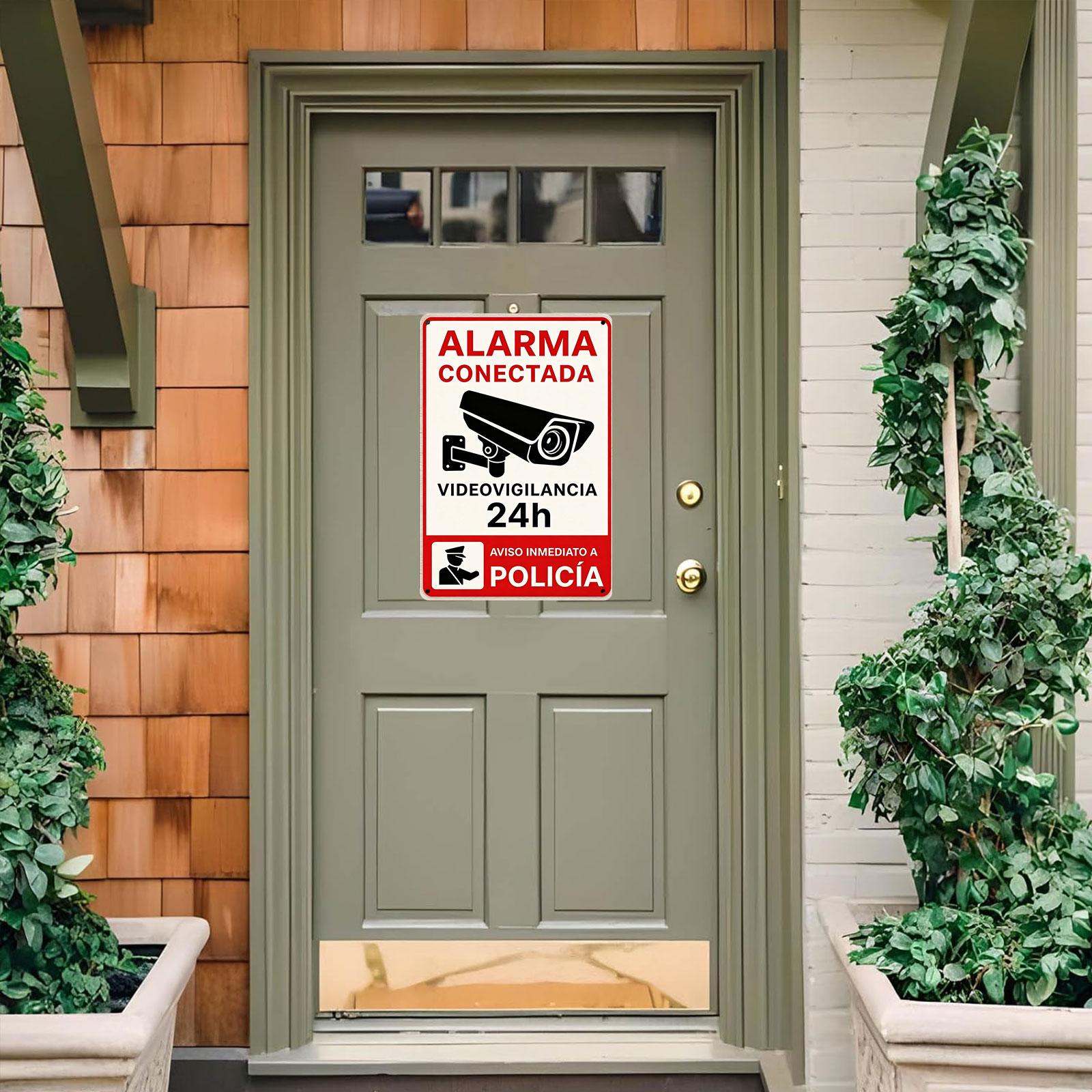 "Alarm Activated 24H Video Surveillance" 8x12 Inch Aluminum Metal Sign - Spanish Security Wall Decor for Home, Yard, and Gate - Retro Tin Poster with Camera & Police Alert Design - Durable, Weatherproof, and Easy to Hang - Ideal for Property Protection