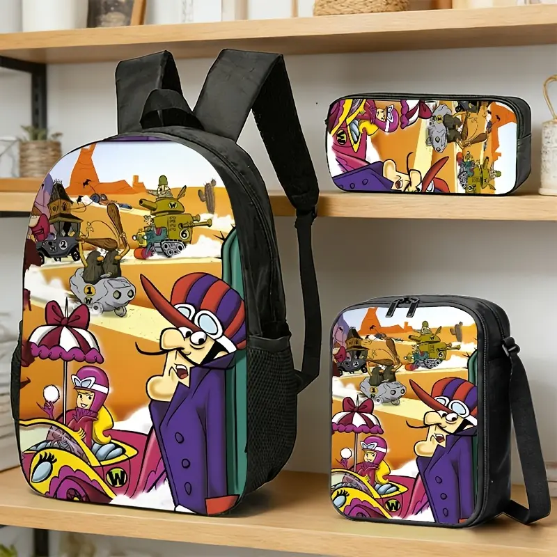 Durable Water Resistant 3-Piece Backpack Set, Backpack + Insulated Lunch Bag + Pencil Case, Retro Cartoon Desert Racing Wild West Car Print, Breathable Padded Straps