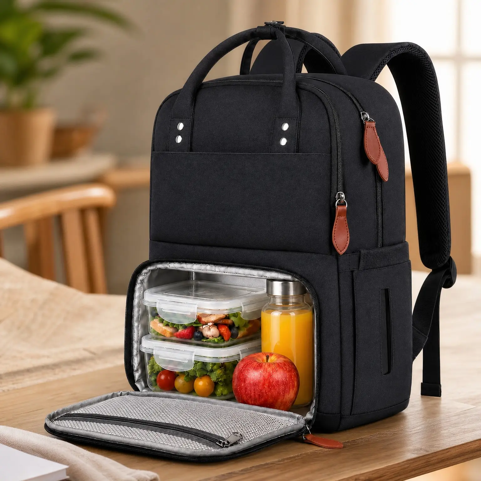Women's Lunch Backpack with 15.6 Inch Laptop Sleeve, Insulated Cooler Compartment, Water Resistant Reusable Bookbag for Work School College Camping Picnics Daily, BlackGift