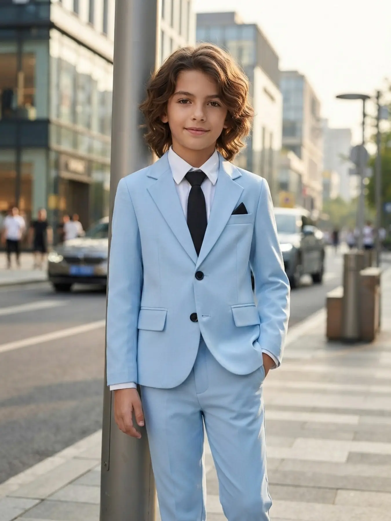 Boys Sky Blue 4 Piece Suit Set for Back to School and Summer Wedding, Lightweight Breathable Formal Wear with Elastic Waist, Ring Bearer Outfit for Dance and Party, Co Ord Set