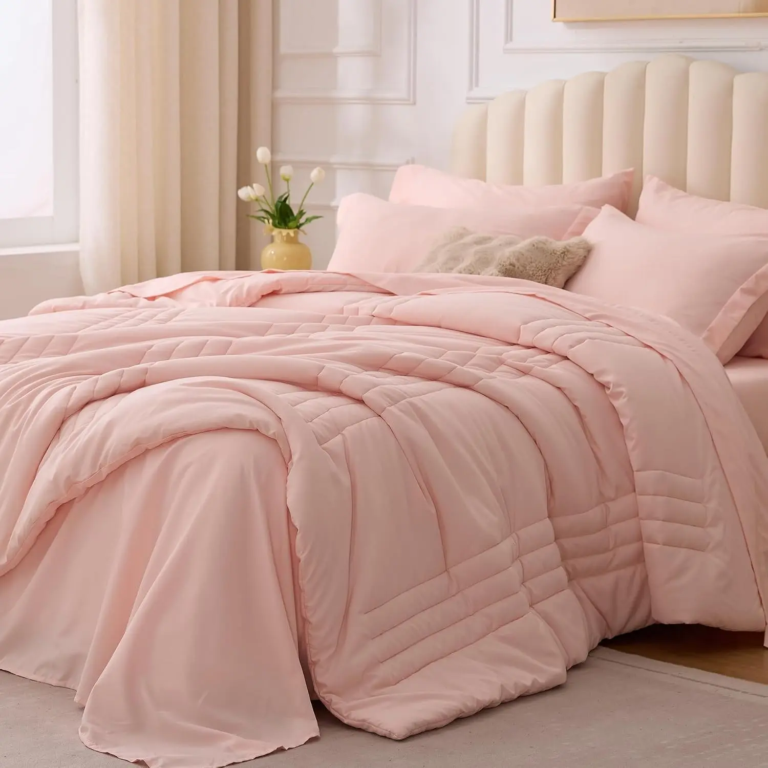 Twin Comforter Set Pink - Bed in a Bag Twin Size 5 Pieces, Soft Bedding Set for All Seasons, Premium College Dorm Comforter Set with Comforter, 1 Sheet, 1 Pillowcase & 1 Sham