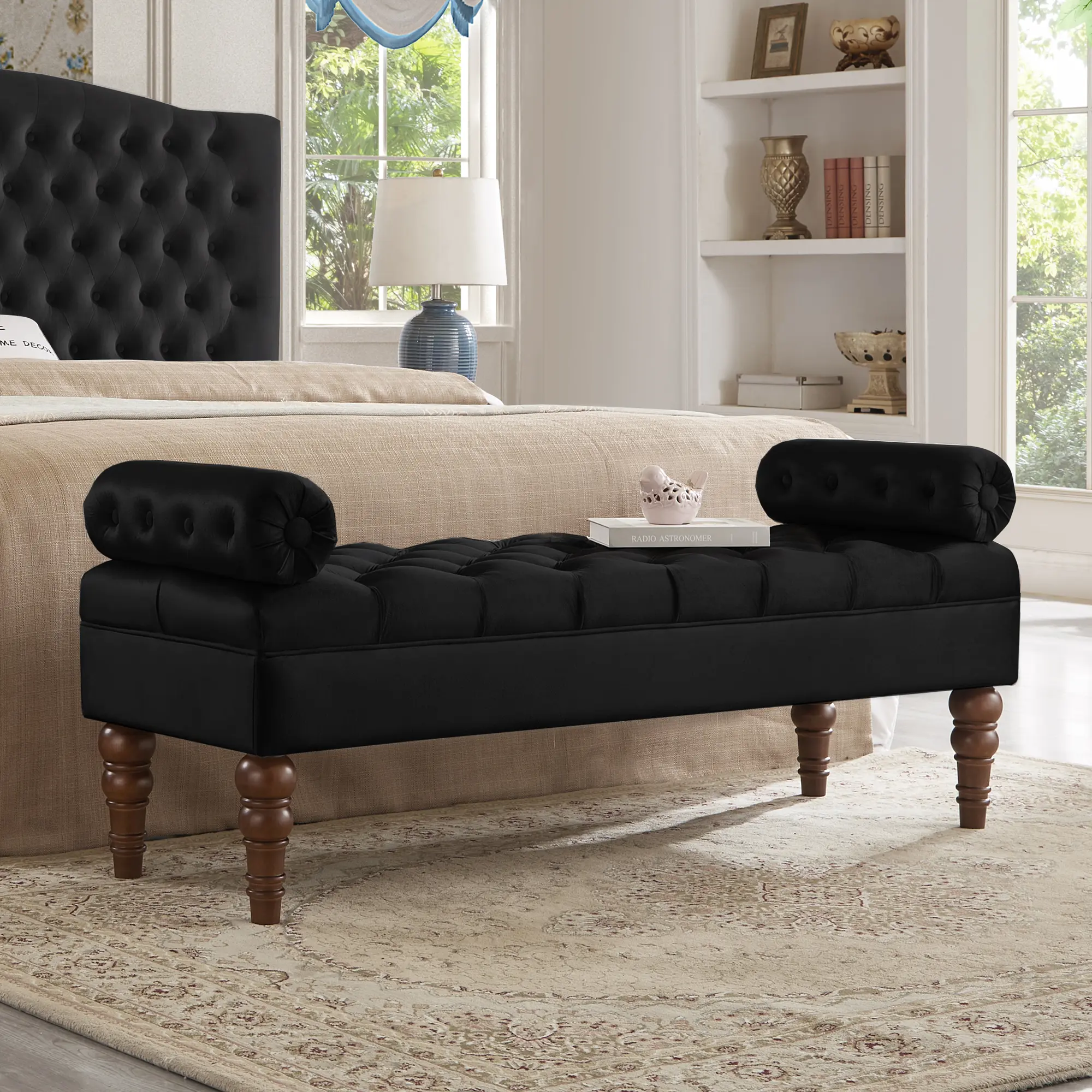 ARCH Velvet Upholstered Long Bench - Tufted Buttons, Bolster, Modern Ottoman Footstool for Bedroom, Living Room, Black Window Furniture for US Online Shopping