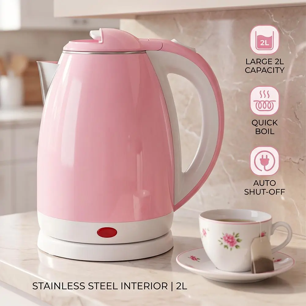 【Fall Deals】2L Electric Tea Kettle, 1500W Quick Boil Water Heater, 304 Stainless Steel Food-Grade Inner Liner, Auto Shut-Off, Boil-Dry Protection, 360° Swivel Base, BPA-Free Blush Pink Kitchen Appliance for Home & Office