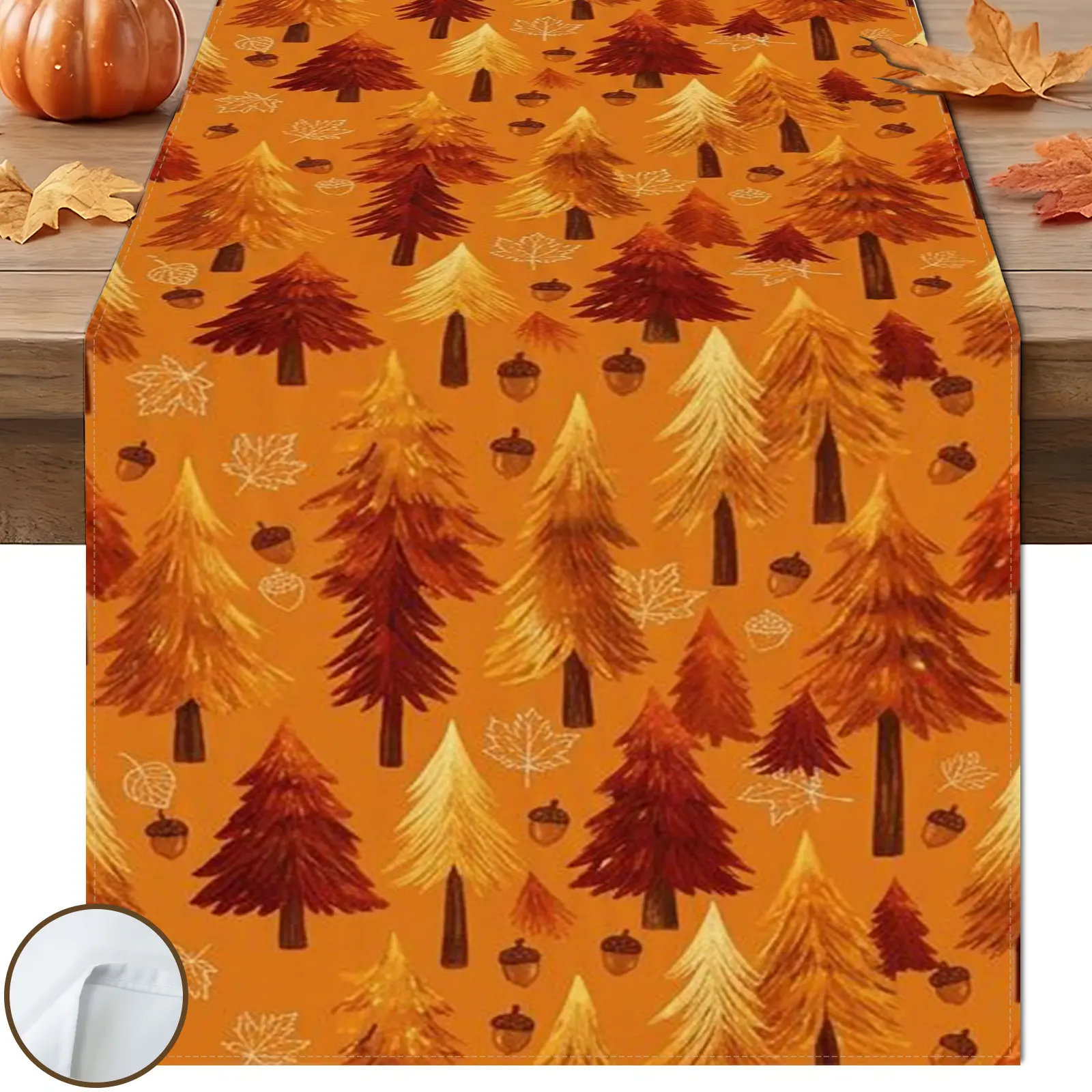 1pc Autumn Pine Tree Table Runner, Warm Woodland Style, Orange Red Yellow Pine Tree Maple Acorn Pattern, for Fall Thanksgiving Table Decor.