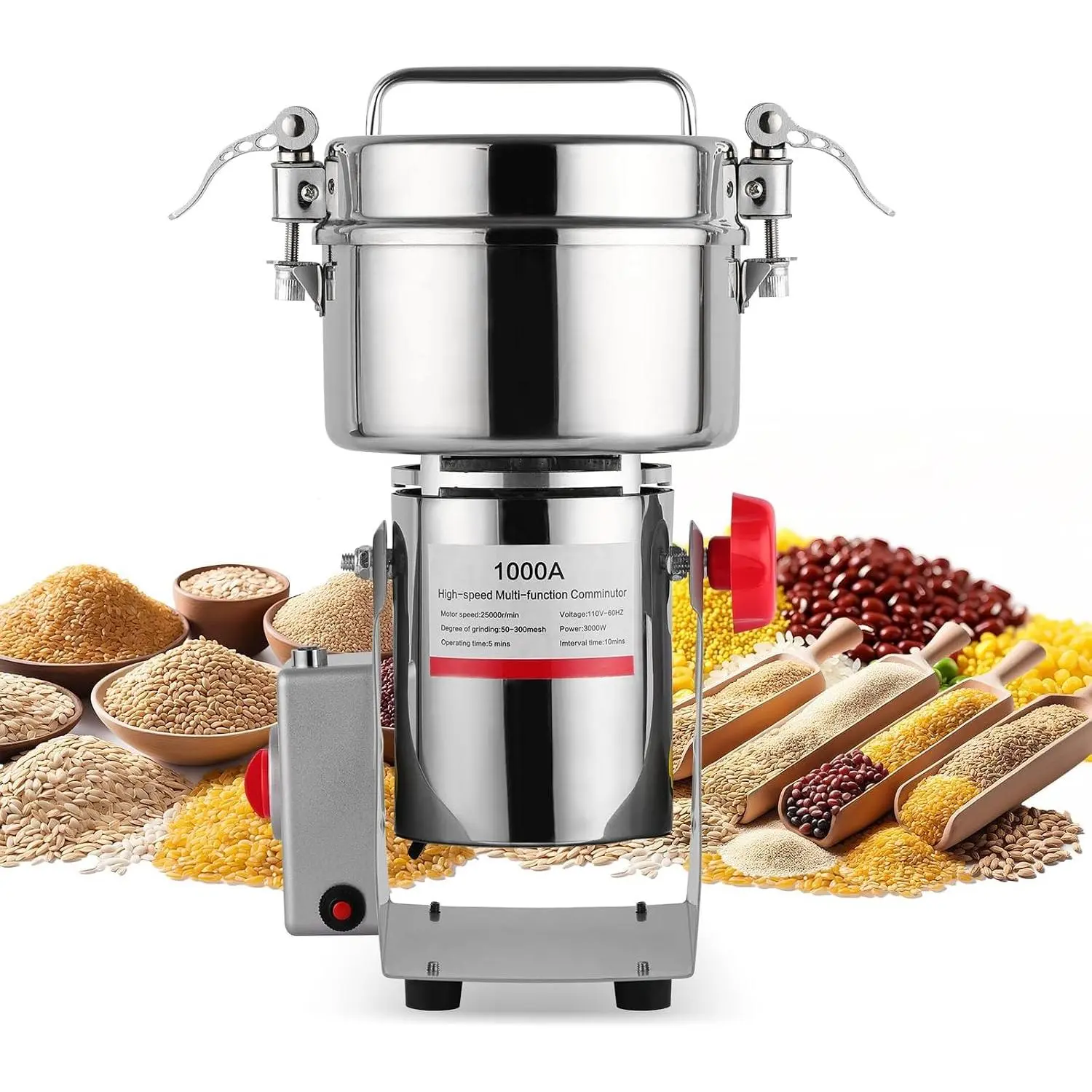 Grain Mill  Electric, 1000g Stainless Steel, 3000W High Speed Commercial, Grain Mill for Flour - Swing Type Pulverizer for Dry Grains, Cereals, Coffee, Corn, Pepper,