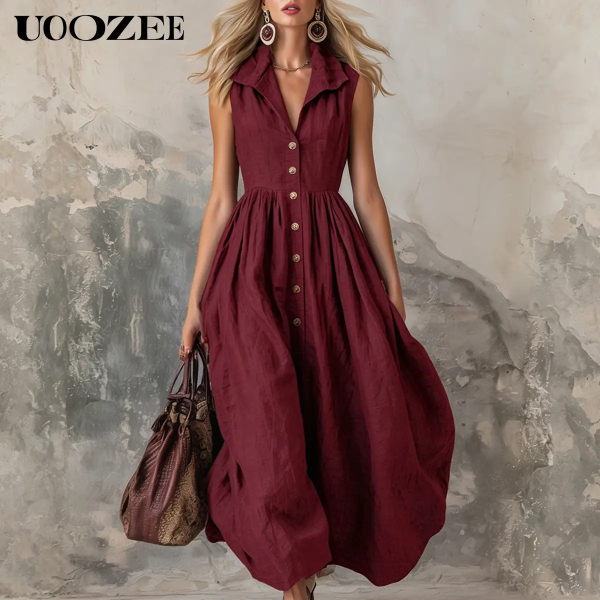 UOOZEE Women's Strappy Sleeveless High-Waist Pleated A-Line Silky Breathable Casual Polyester Maxi Shirt Dress - Vintage Drape Flowy Summer Vacation Wear, Button/Snake Vibe Accents, Modest Fit, Pairable with Oversized Blazer, Hoop Earrings & Flat Footwear