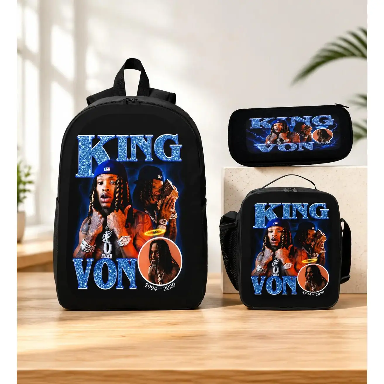 3Pcs King Von Character Art Black Carry-All Backpack Set - School, Travel, Casual Use - Includes Laptop Bag, Pencil Case, Lunch Bag - Lightweight, Comfortable for Teen Rapper Fans, Student Gift, Black Backpacks, Carry-All Backpacks