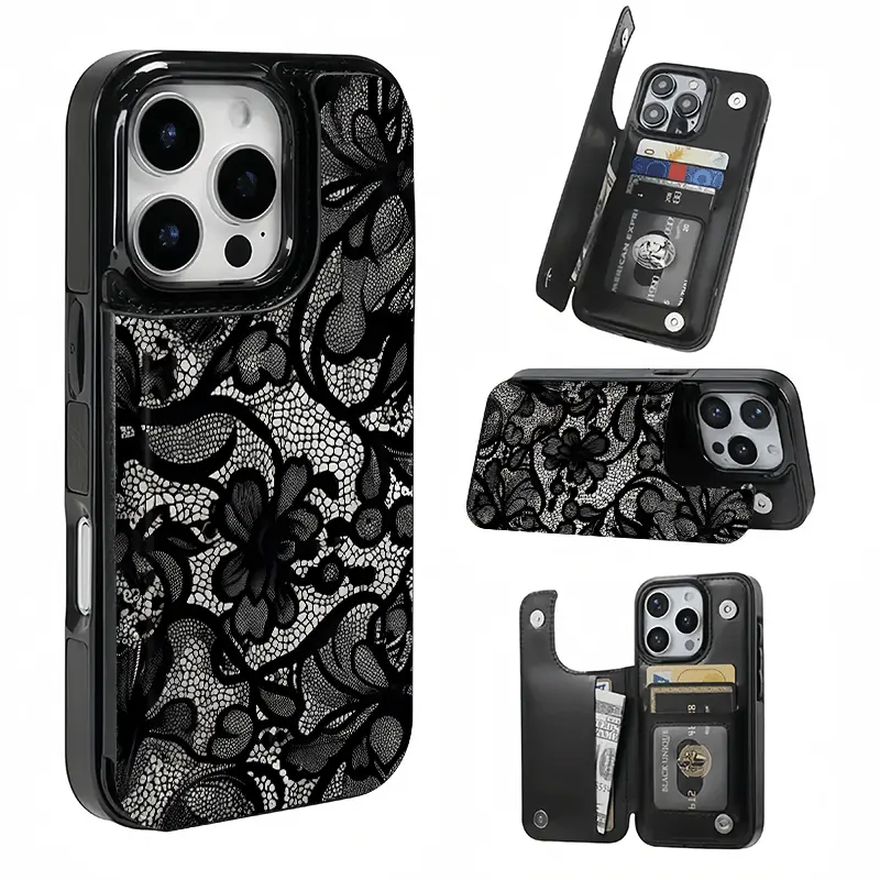 Black Lace Floral Card Holder Phone Case with Slot for iPhone 17-12, Stores Bank/Transit Items, Ideal Gift for Girls