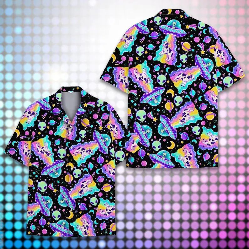 Neon Alien Hawaiian Shirt for Men Women Youth, UFO Galaxy Print Button Up Shirt, Space Theme Summer Shirt, Summer Vacation Outfit