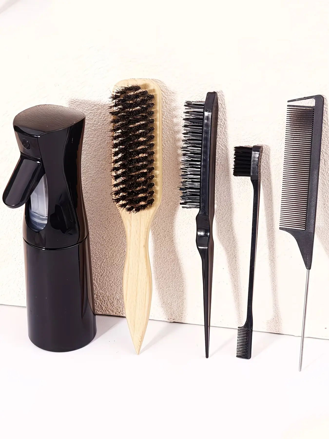 5pcs Hairbrush Set with Spray Bottle, Smooth Edge Control Brush, Continuous Misting, Steel Tail Comb, Volumizing Nylon Brush, Stylish Hairstyles