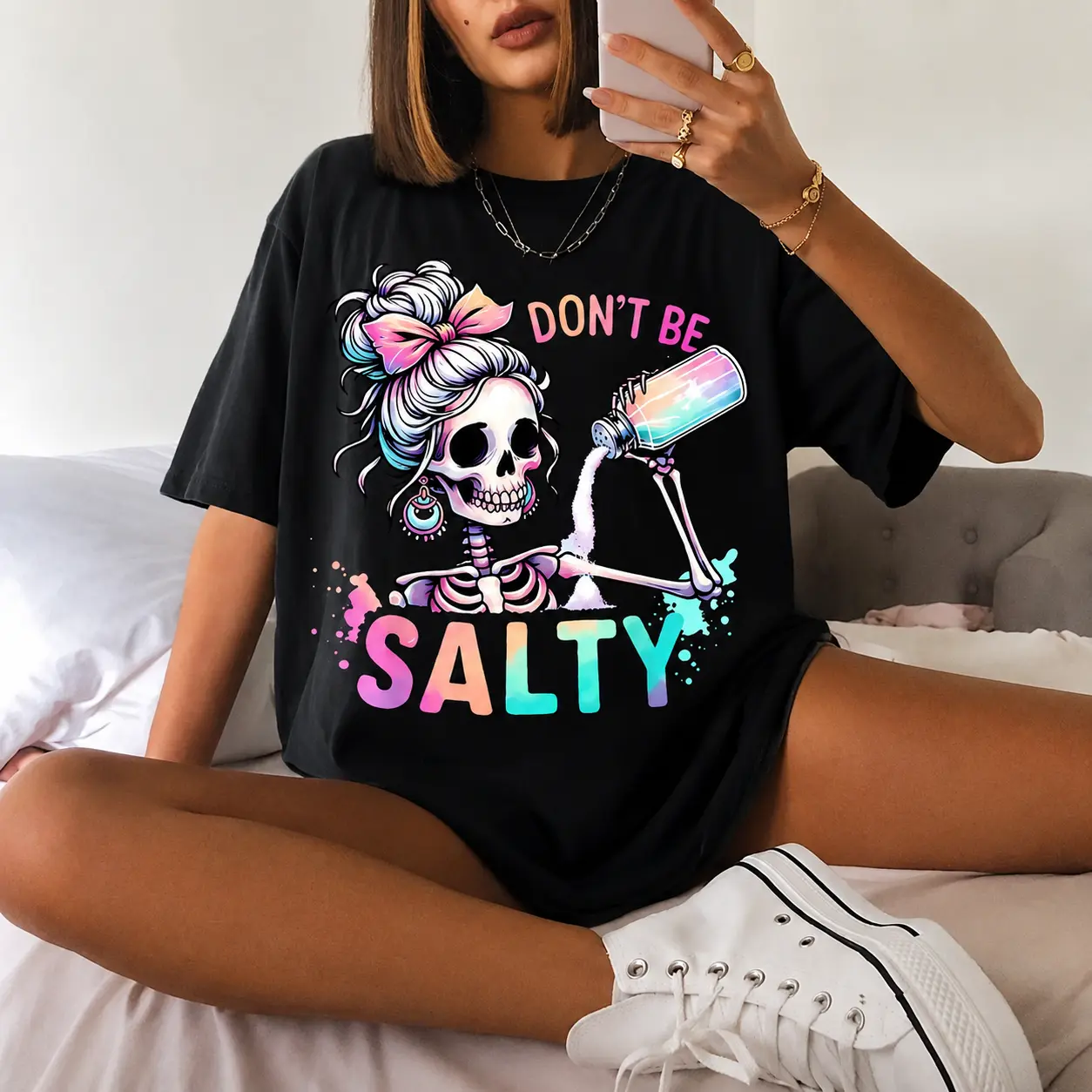Don't Be Salty Shirt, Salty Skeleton Snarky Shirt, Funny Shirt Gift for Her, Salty Shirt Cotton Top Womenswear Comfortable