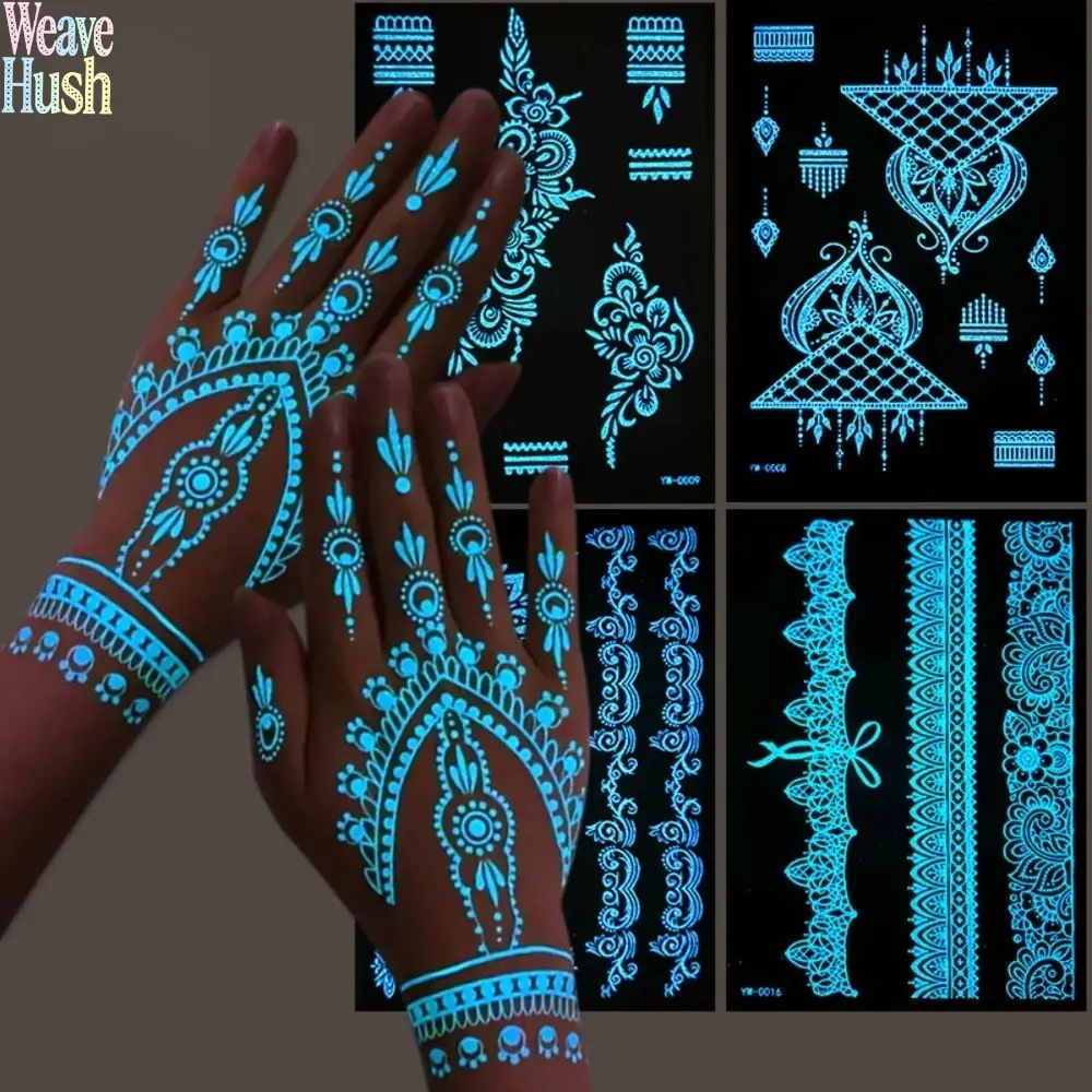 Glow-in-the-Dark Temporary Tattoos Stickers, Indian Henna Lace Stencil Hand Designs, Waterproof Body Art for Women, Festival-Party-Cosplay Bag Charms & Twillies Accessories, Tattoo Stickers, Glowing Effect, Ethnic, Hands, Stencil Designs
