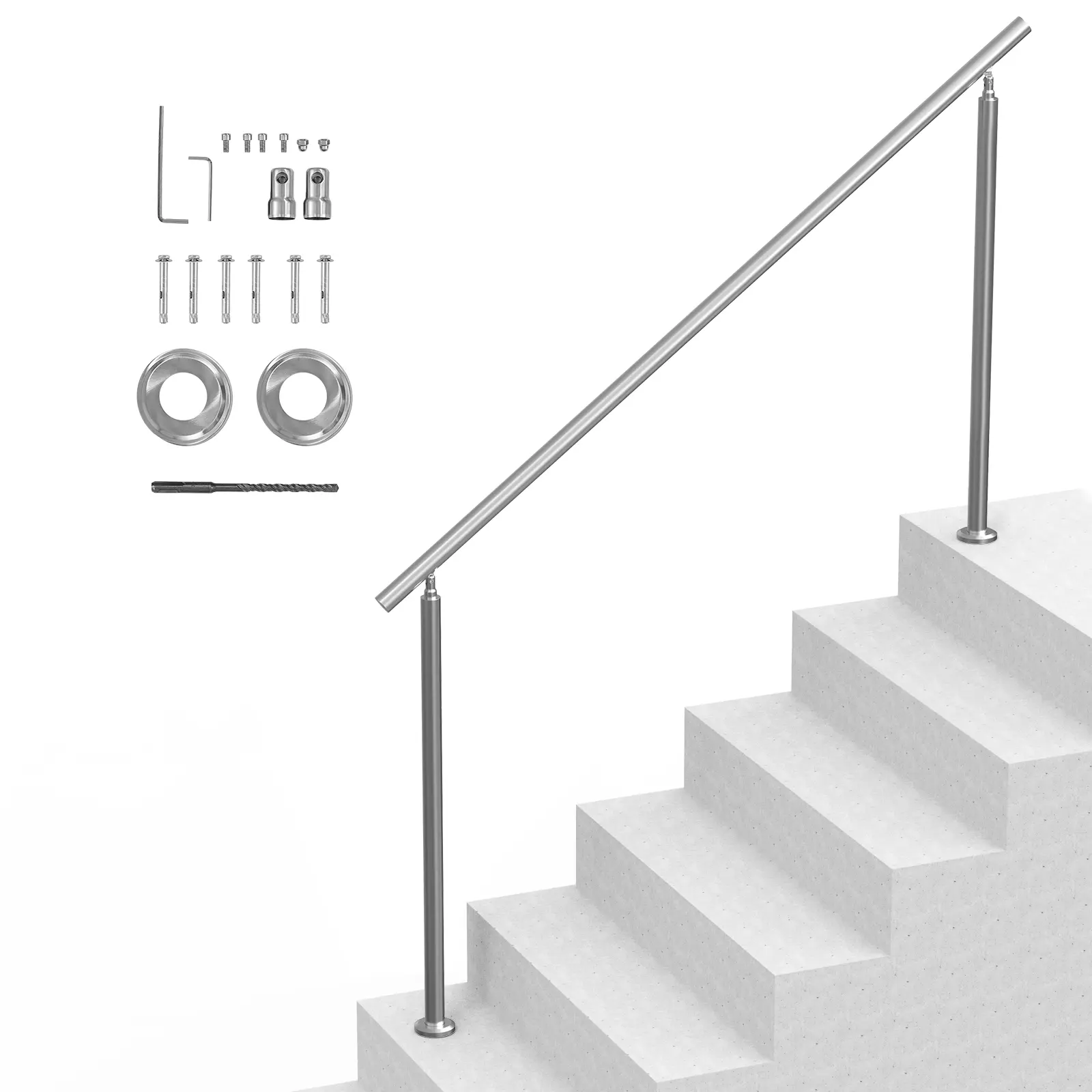 Handrails for Outdoor Steps, 70.9 in/ 180cm Length Stair Hand Rail Kit, Transitional Stainless Steel Railings with Installation Kit, Double-column Staircase Handrails for Seniors, Porch & Deck