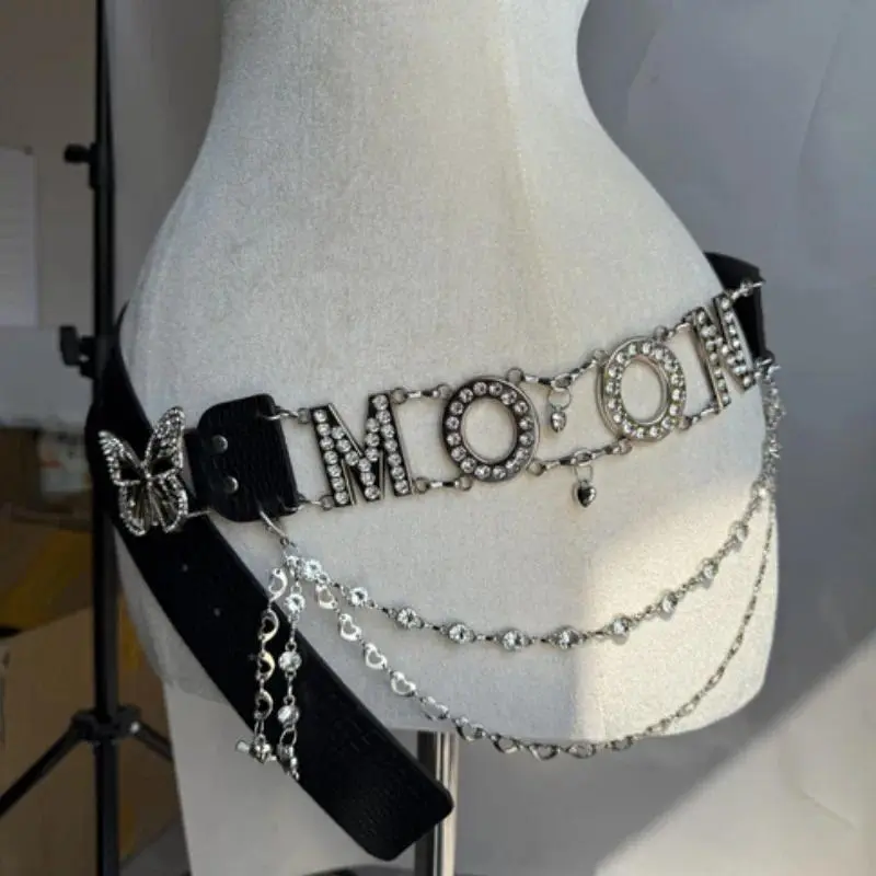 New Personalised Y2k Letter Fashion Belt Chain Rhinestone Pu Butterfly Decoration Belt Nightclub Hottie Premium Sexy Belt