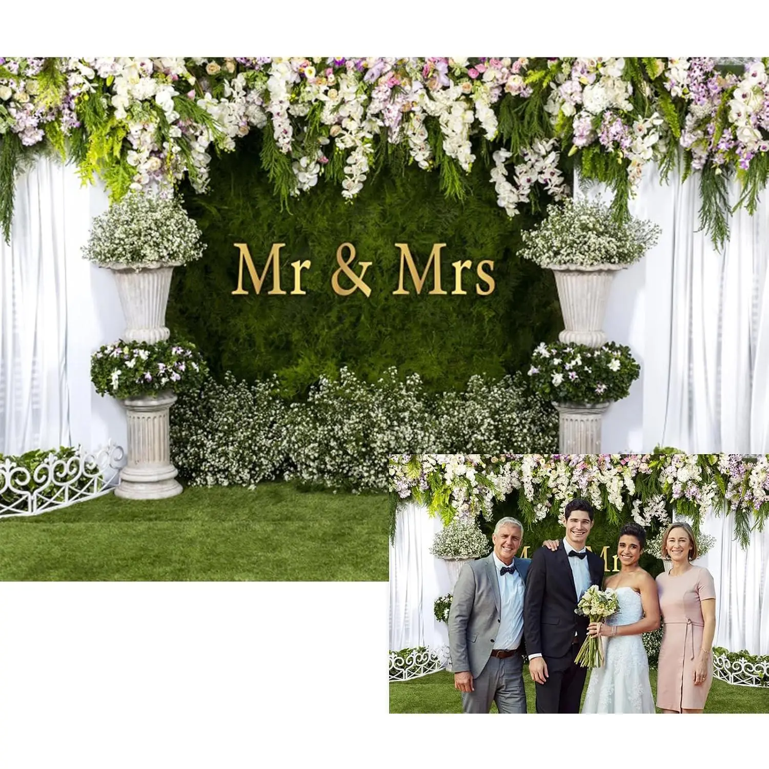 Modern Vinyl Wedding Photo Backdrop (7x5ft) - Floral Grass Wall, White Sheer Curtain, Flower Arch, High Res Print for Mr & Mrs Wedding Events, Bridal Shower Photo Booth Props Banner