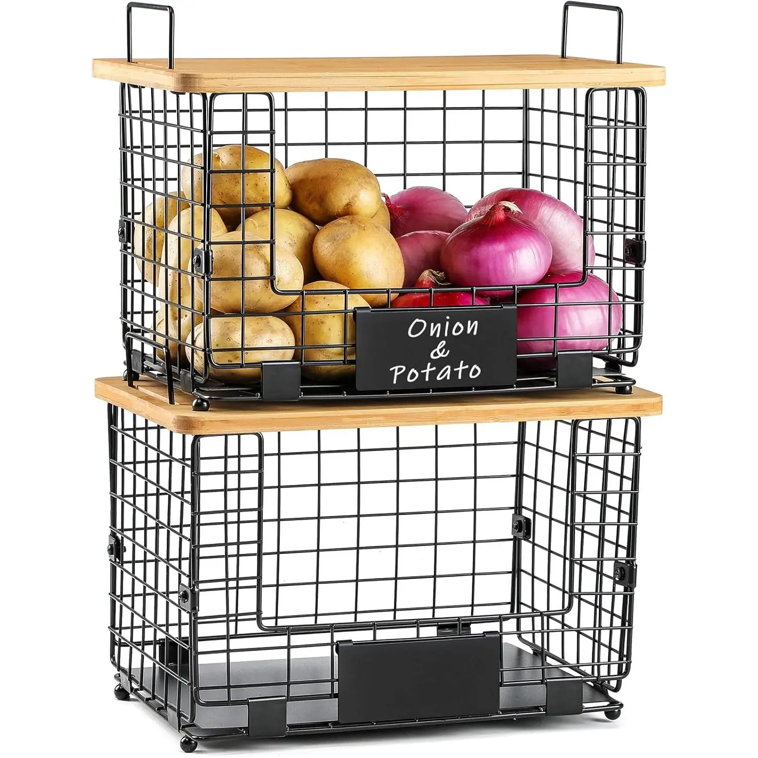 2 XL Stackable Metal Wire Baskets with Bamboo Tops & Tags - Multifunctional Extra Large Home Storage Stackable Bins for Pantry, Kitchen Counter (Food, Snack, Produce, Onion, Potato, Bread)