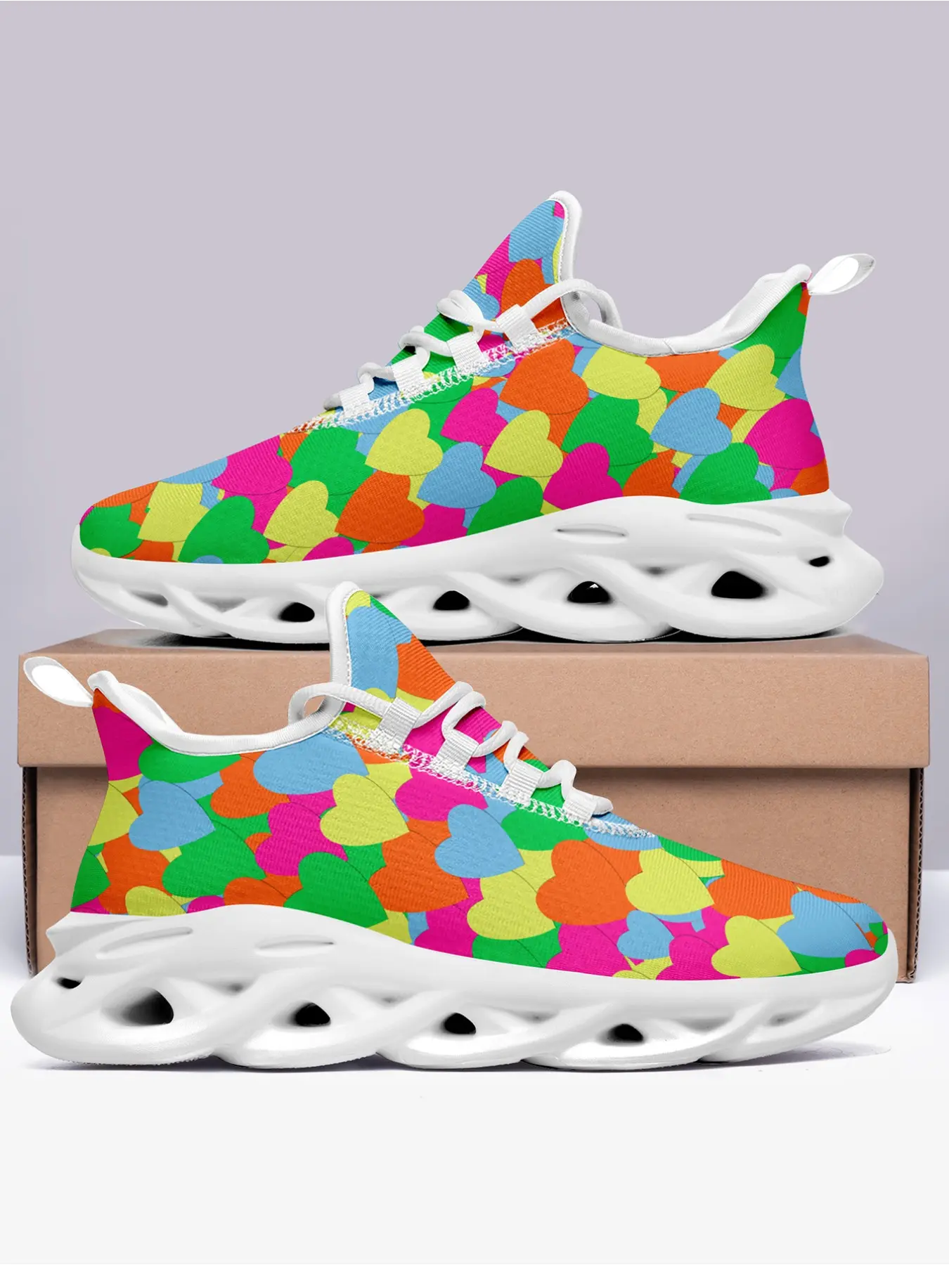 Men's Summer Paradise Sneakers, Vibrant Multicolor Heart All Over Print Breathable Lace Up Fashion Casual Walking Running Shoes