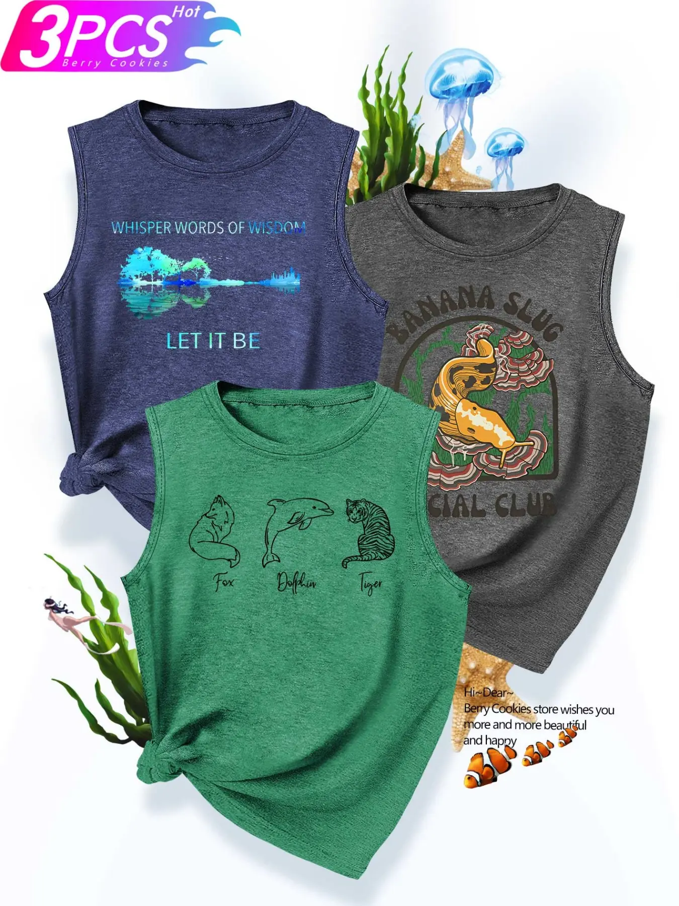 3Pcs Women Tank Top, Simple Fox Dolphin Tiger Banana Slug Retro Animal Print, multi-color casual chic sleeveless top